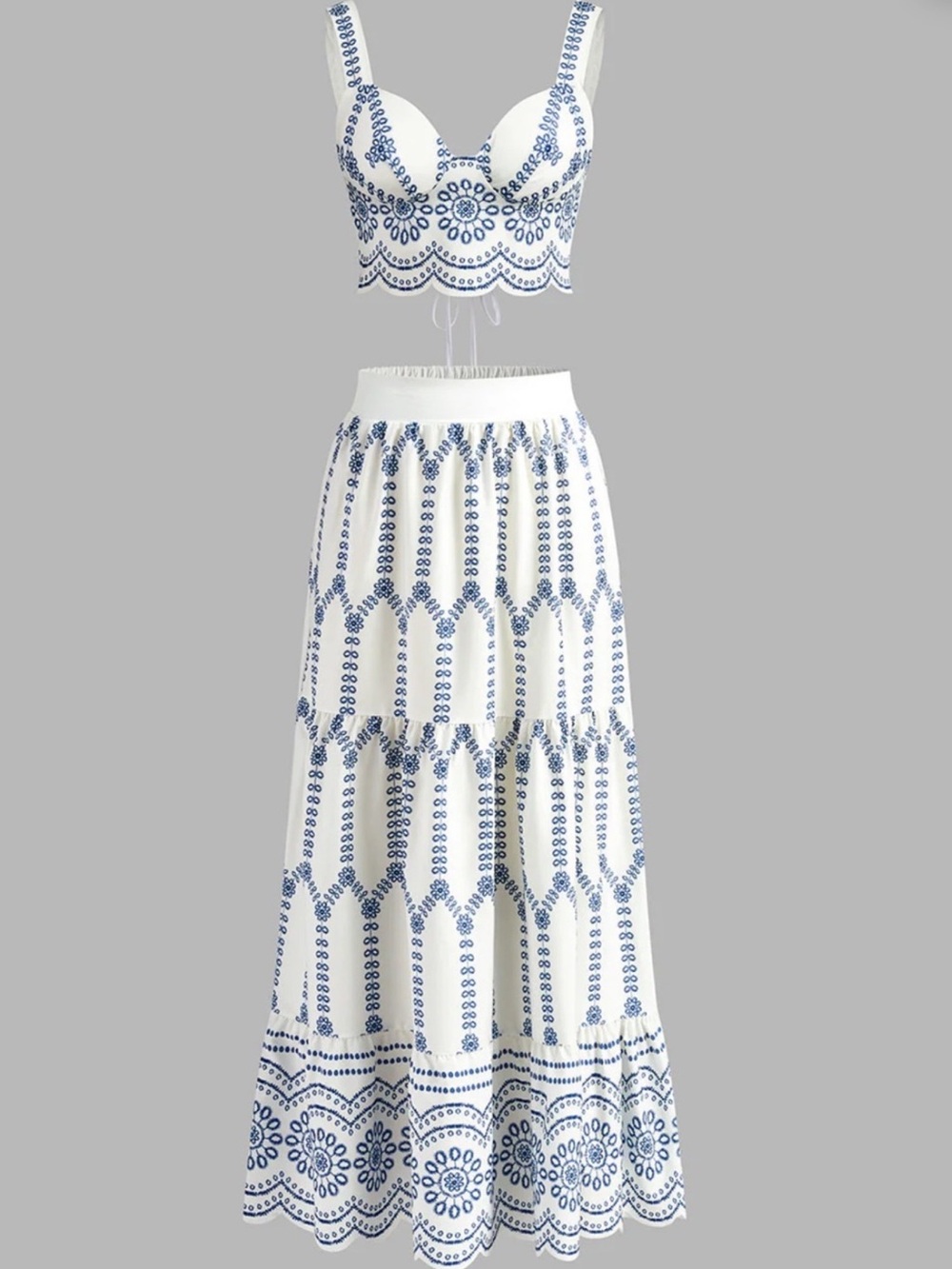 NWT-COMMENSE White and Blue Embroidered Maxi Skirt & Top set - Picture 11 of 11